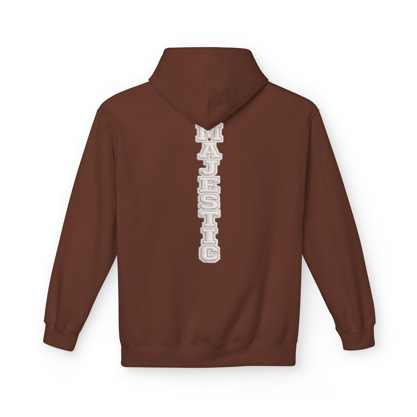 Majestic Vertical Text Hoodie — Minimal White Graphic Pullover Christian Hoodie Godly Hoodie Sports Hoodie Mighty Lifestyle Hoodie
