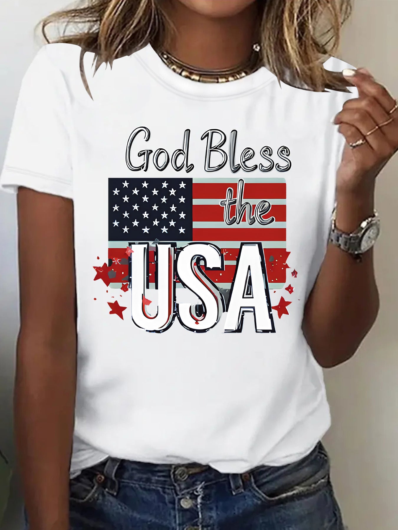 Short sleeved women's t-shirt with USA flag