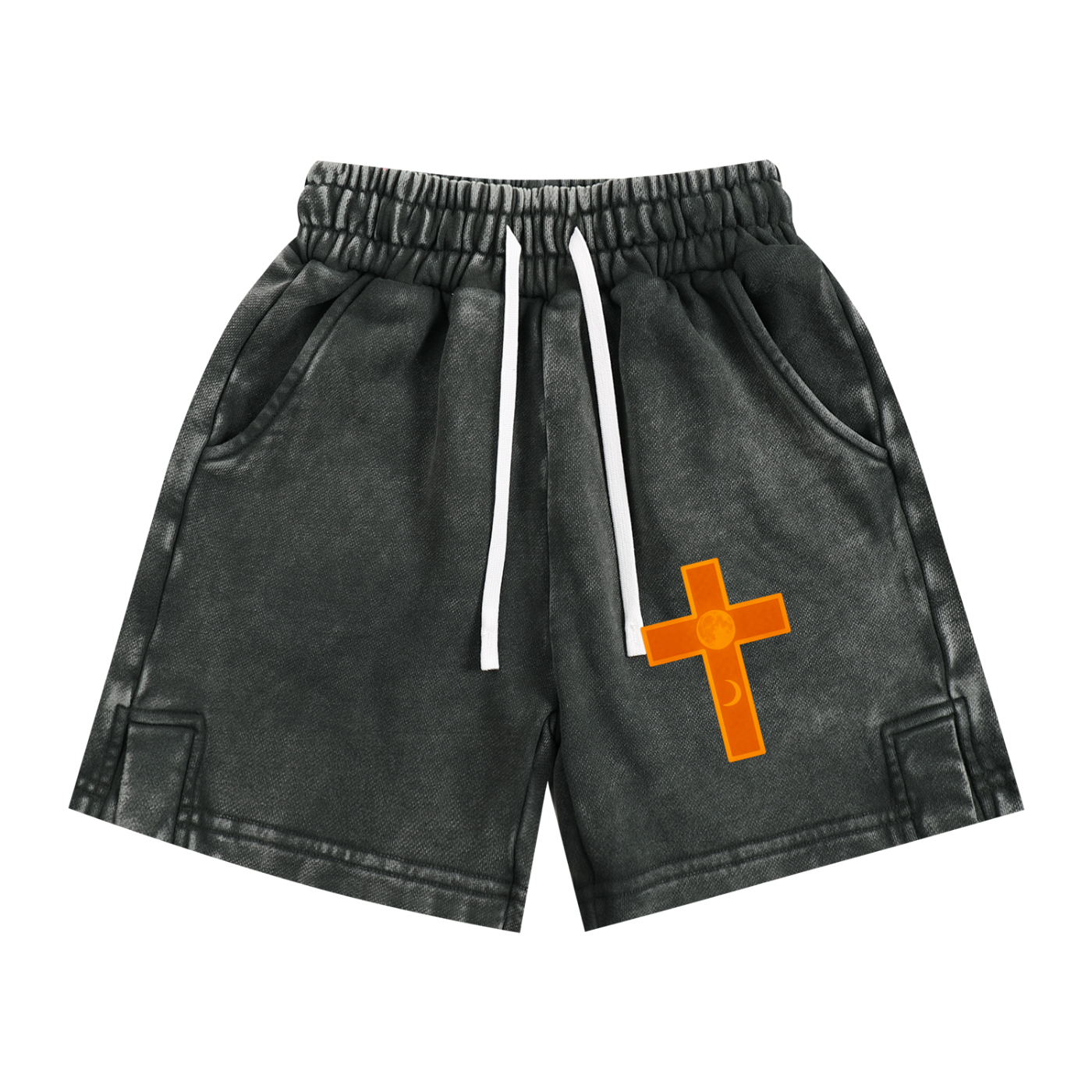 Cross Moon Phase Faith-Based Kids’ Shorts – Colorful Snow Washed Cotton Shorts for Boys & Girls | Christian Streetwear | Unisex Summer Activewear with Cross Patch Design Cross Moon Phase Faith Based Colorful Snow Washed Kids' Shorts