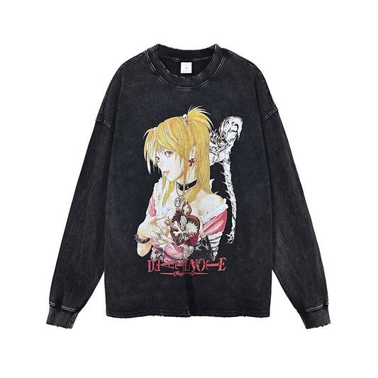 Death Note Digital Printed Long sleeved Retro Trendy Brand Dark Wash Wax Dyed Old T-shirt Anime