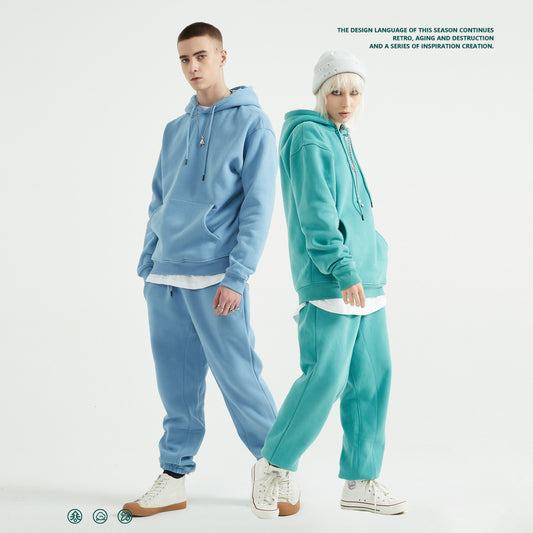 ML Trendy Sleet Two-Piece Set – Men’s & Women’s Fleece Tracksuit | Thick Hooded Sweater and Sweatpants Outfit | Autumn & Winter StreetweaML Trendy Sleet Two Piece, Autumn And Winter Fleece Thickened Hooded Solid Color Sweater Sweatpants Hoodie Couple Suit