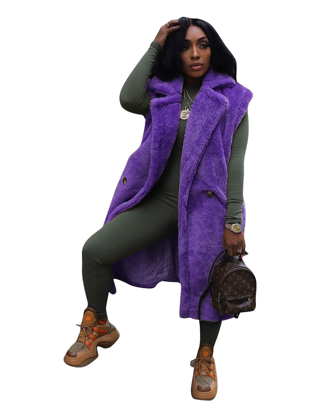 Women’s Plush Longline Teddy Vest – Viral TikTok Soft-Life Sleeveless Fleece Cardigan Jacket for Romantic Outings, Sports Games, HBCU Events & Cute Fall Dates
