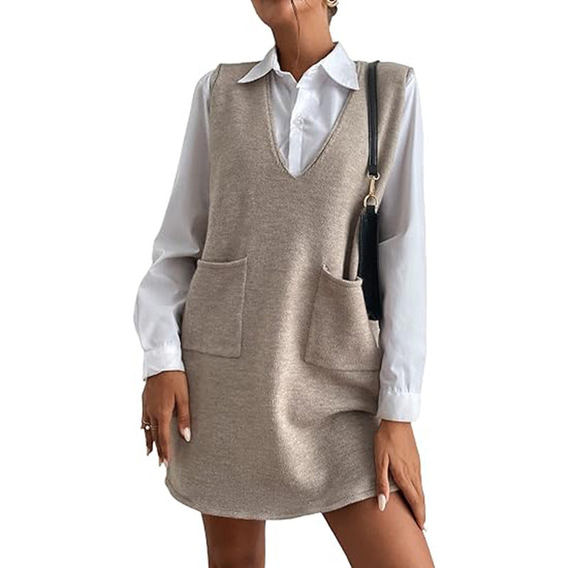 Knitted Medium Long Double Sided Vest Skirt Autumn/Winter  Solid Color Sleeveless Versatile Dress