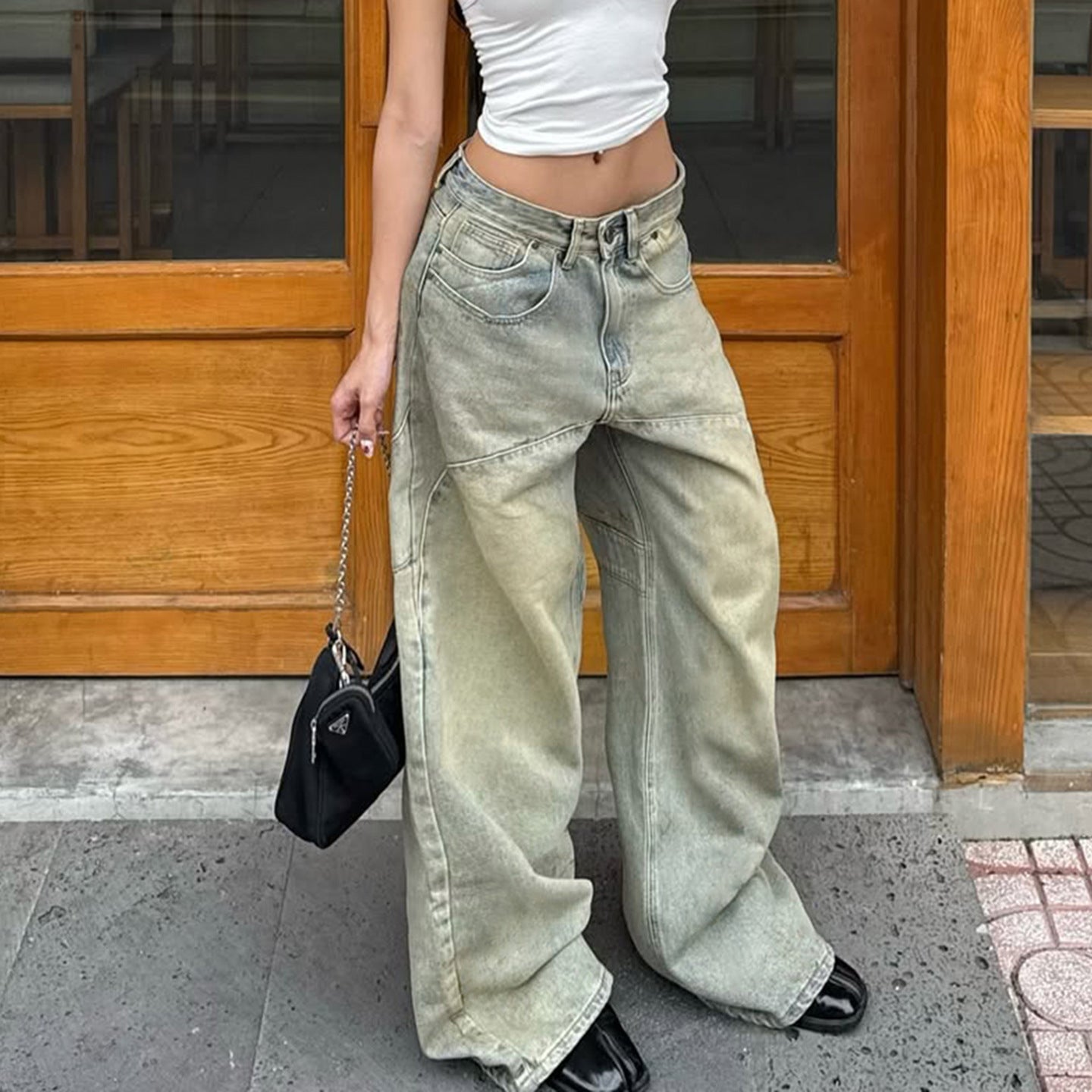 Oversized jeans Retro high street wash pocket embroidered casual slimming jeans