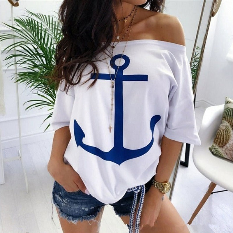 Sailor Anchor Shirt | Loose One Shoulder Bat Shirt Printed T shirt for Women