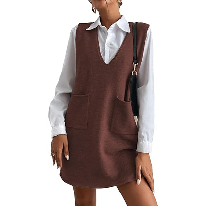 Knitted Medium Long Double Sided Vest Skirt Autumn/Winter  Solid Color Sleeveless Versatile Dress
