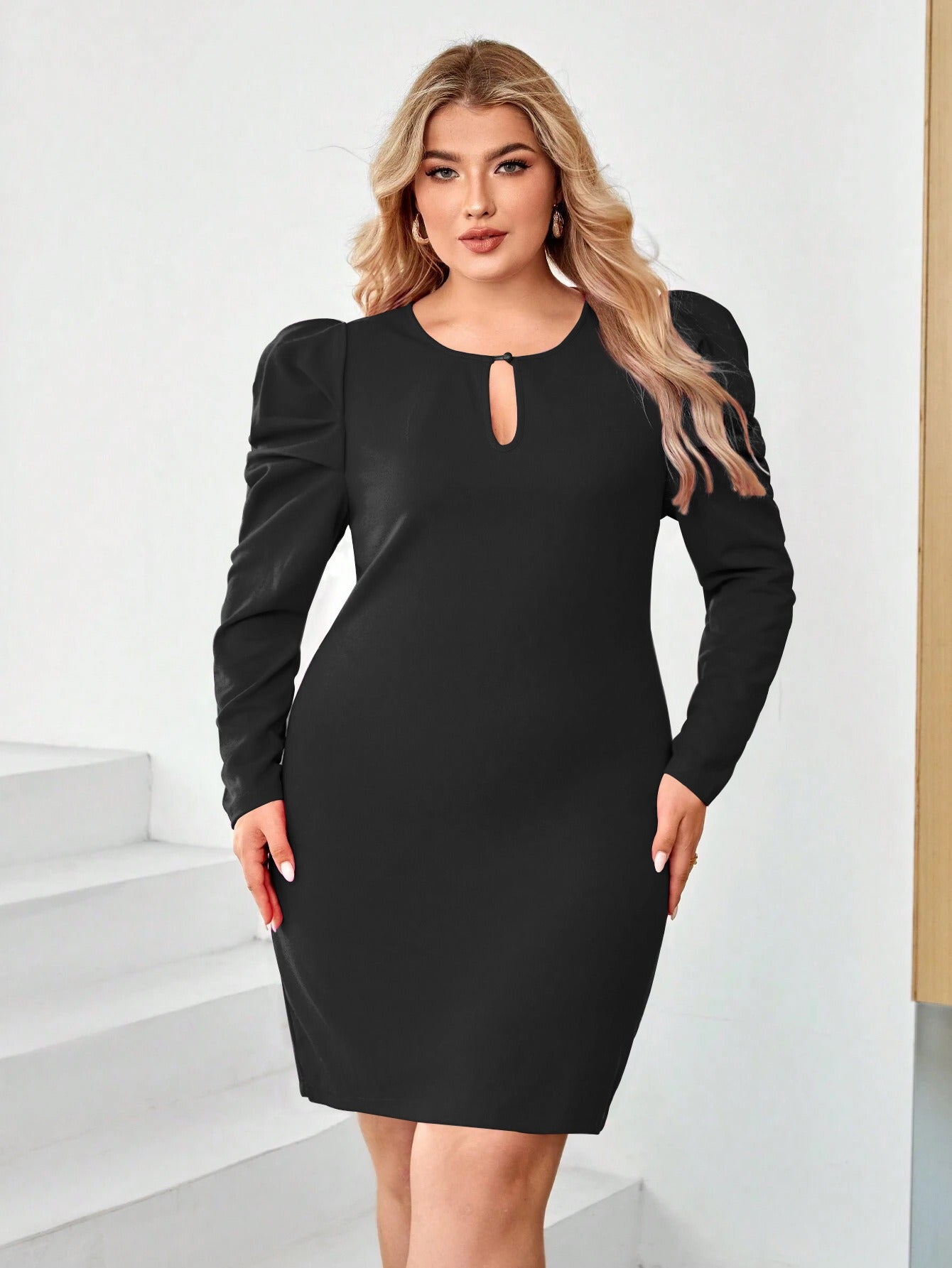 Henrietta Hollow Waist Wrap Hip Dress — Black Solid Knitted A-Line Short Skirt Dress for Women | Plus Size Fashion Dress with Hollow Out & Sheep Leg Sleeves