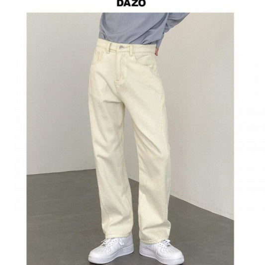 Loose pants handsome jeans men straight leg beige casual pants with classic version retro trend pants for hair
