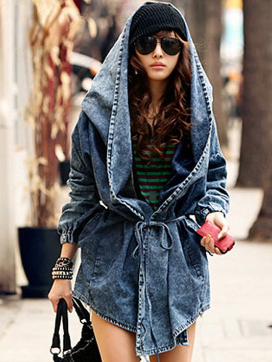 Oversized Denim Hoodie Jacket for Women – Streetwear Jean Trench Coat with Hood, Long Sleeve Casual Outerwear Windbreaker – Trendy Blue Fall Fashion Layer by Denim Jackets Oversized Hoodie Hooded Outerwear Jean Wind Jacket Fashion Design Denim Women Coat