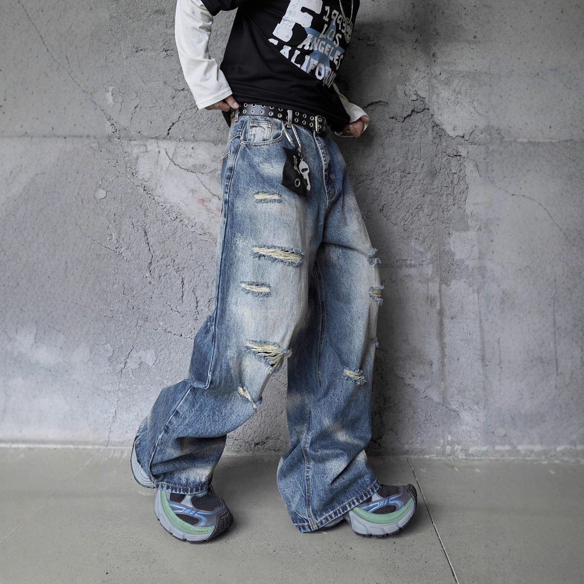 Vintage Personality Design Ripped Streetwear Loose Fit Jeans Men Hip Hop Distressed Wide Leg Long Pants