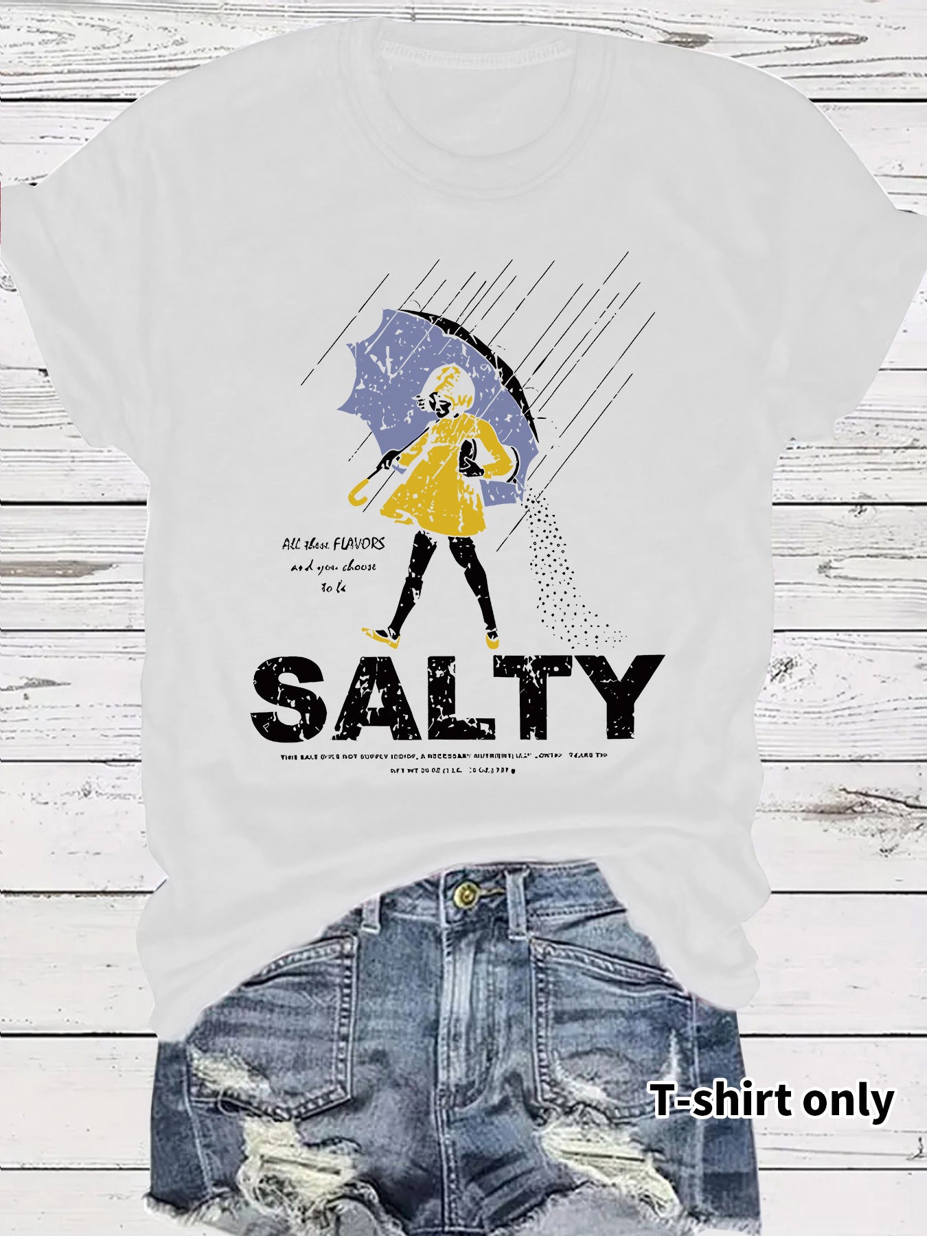Salty Tshirt short sleeved salty emoji for girls holding umbrellas