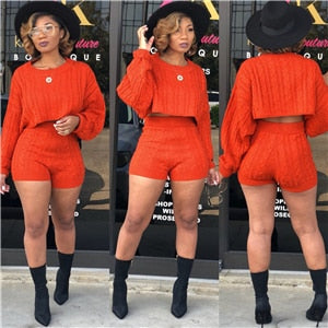 Trendy, Sexy Women Knitted Sweaters Two Piece Set O Neck Long Sleeve Loose Crop Top High Waist Shorts