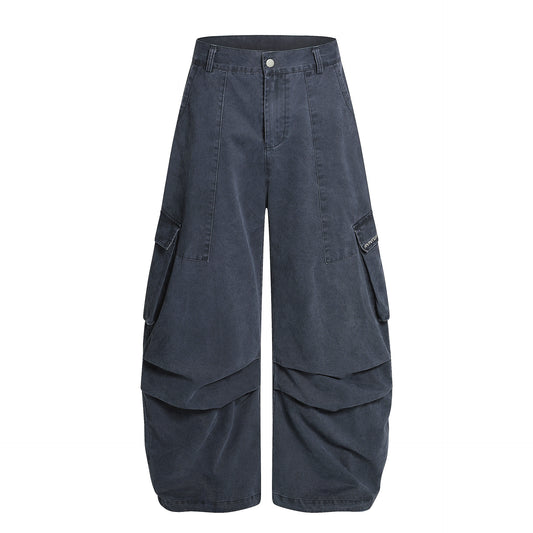 Street Style Washed Tapered Cargo Pocket Denim Long Pants