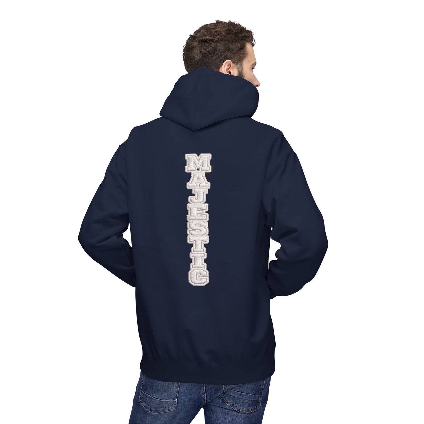 Majestic Vertical Text Hoodie — Minimal White Graphic Pullover Christian Hoodie Godly Hoodie Sports Hoodie Mighty Lifestyle Hoodie