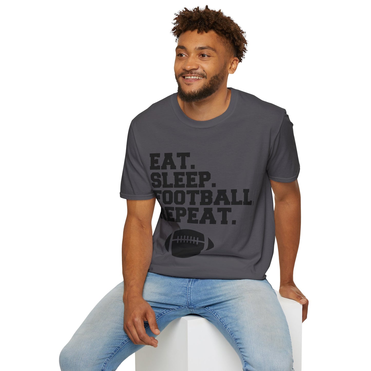 Eat Sleep Football Repeat Football Shirt | Tackle and Flag Football Shirt | Sports Shirt | Football Player Shirt | Mighty Lifestyle |  Softstyle T-Shirt