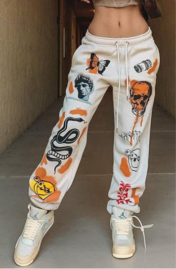 Trendy Sweat Pants Graphic Women Jogger Harajuku Cartoon Printed Trousers Jogger Drawstring Cargo Pant Streetwear Casual Sweatpant Autumn