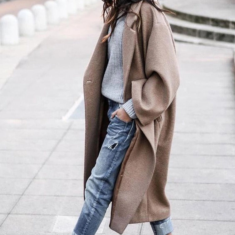 Autumn and winter women's casual long solid color warm woolen jacket
