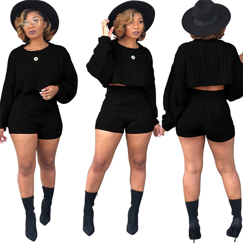 Trendy, Sexy Women Knitted Sweaters Two Piece Set O Neck Long Sleeve Loose Crop Top High Waist Shorts