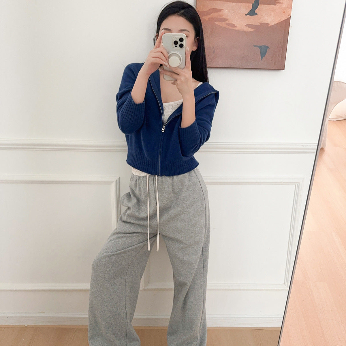 Knitted Zip-Up Hoodie Short Jacket Women's Comfy Streetwear-Style Casual Long Pants Belted Set