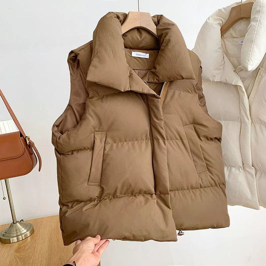 Padded Vest for Women, Comfy Streetwear Style, Loose Fit, Stand Collar Solid Color Spring and Autumn Fashion TikTok Viral Fashion Vest