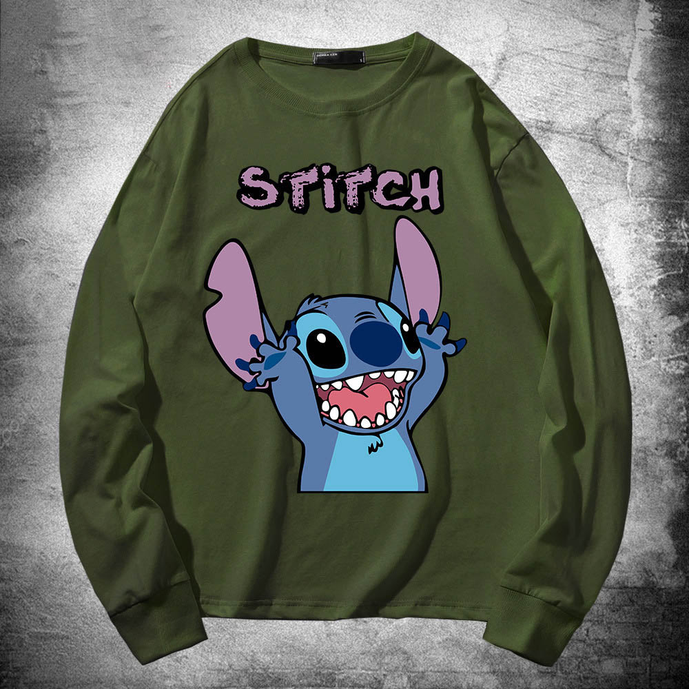 Stitch Long Sleeved T Shirt For Men and Women, Thin Pure Cotton, Loose Fitting, Like Couples Outfit, Round Neck Base Shirt, Clothes On Top