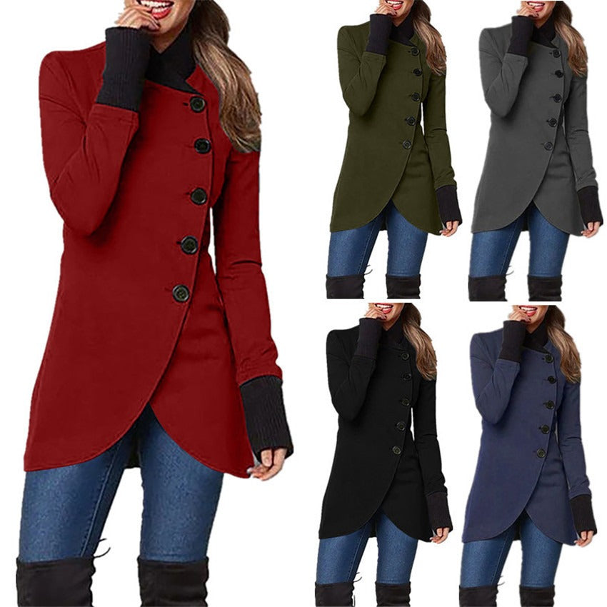 Women’s Sweater Long Solid color single breasted patchwork hem split long sleeved jacket