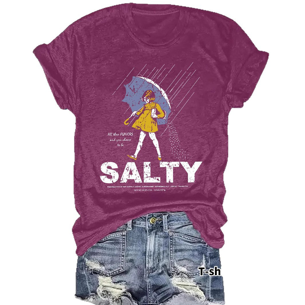 Salty Tshirt short sleeved salty emoji for girls holding umbrellas