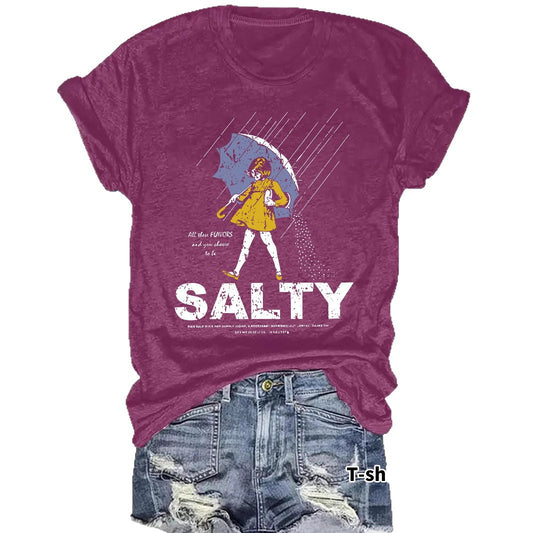 Salty Tshirt short sleeved salty emoji for girls holding umbrellas