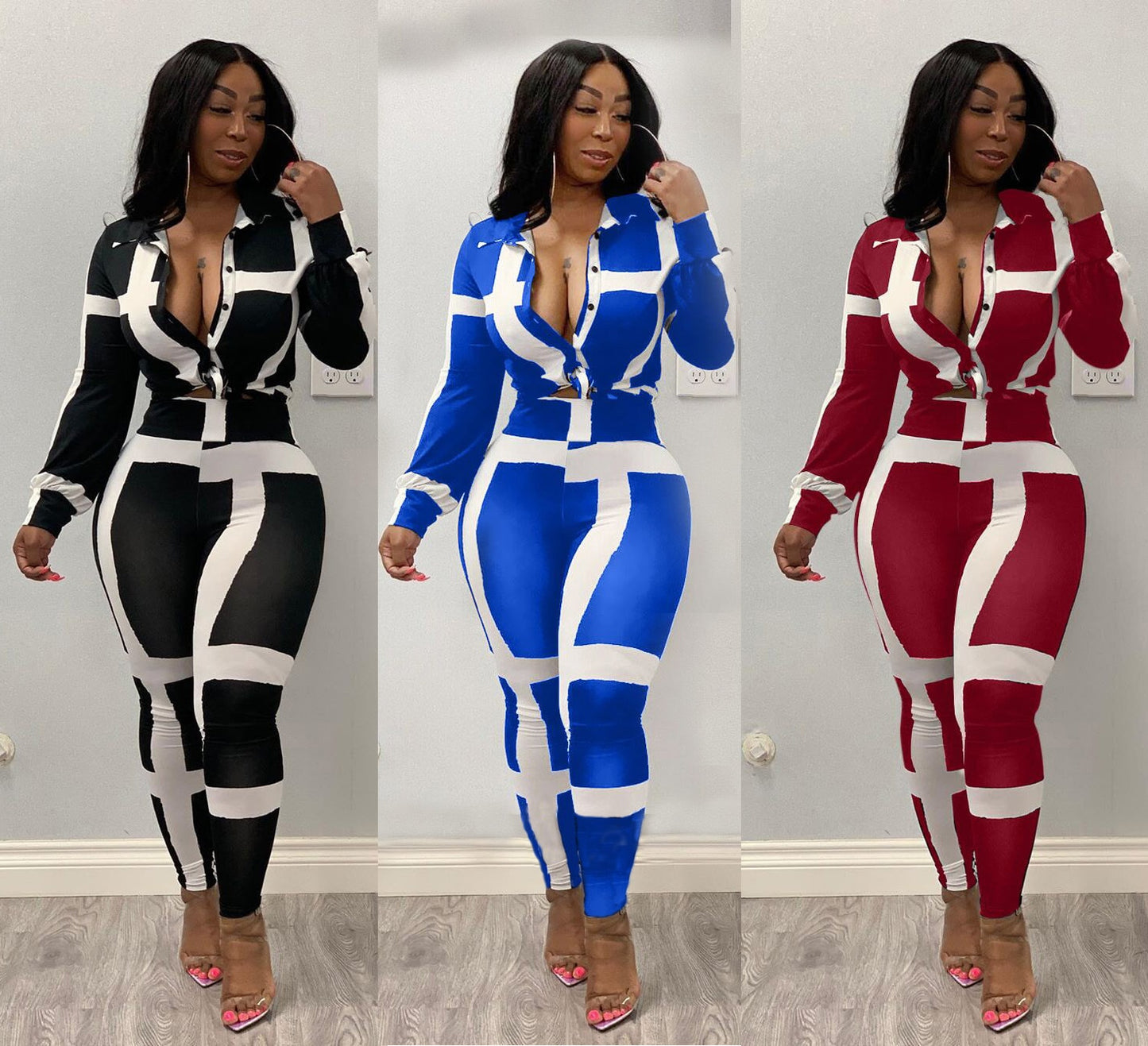 Mighty Lifestyle Set | Office Lady 2 Piece Suit Women Casual Full Sleeve Blouse Tops And High Waist Pant Set Fashion White Stripe Print Lounge Set