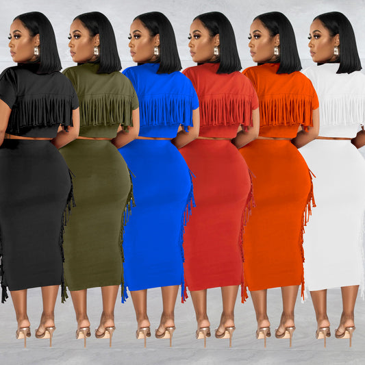 Wilhima Women’s Skirt Set FashionableStyle Solid Color Fringe Round Neck Short Sleeve Long Dress Two-Piece Set