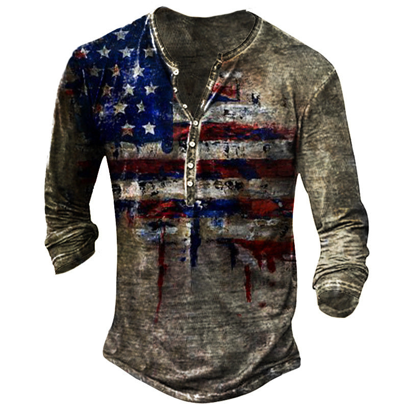 US Patriot, Various Blends, Trendy Pattern Henley Shirt Shirt Fashion New 3D Digital Printing Vintage Pattern Men's Long Sleeve T-Shirt Imitation Cotton