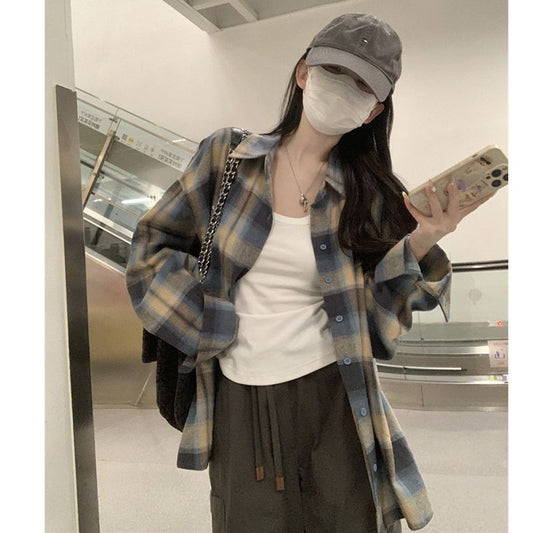 Retro Color Block Plaid Sunscreen Shirt Long Sleeve Loose Thin Collar Blouse Jacket Fitted Chic Outerwear