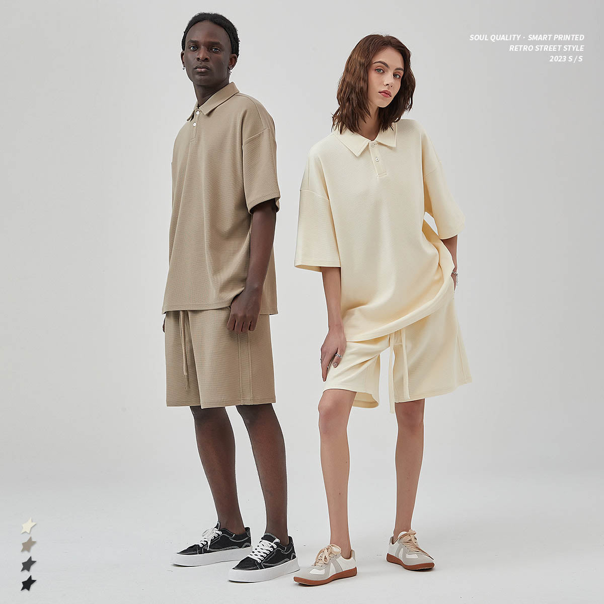 Mighty Lifestyle Minimalist Couple’s Set | Unisex Diamond Waffle Shorts Set | Loose Casual Top & Wide-Leg Shorts