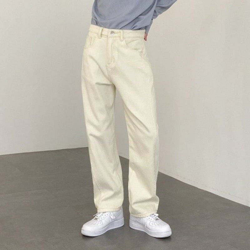 Loose pants handsome jeans men straight leg beige casual pants with classic version retro trend pants for hair