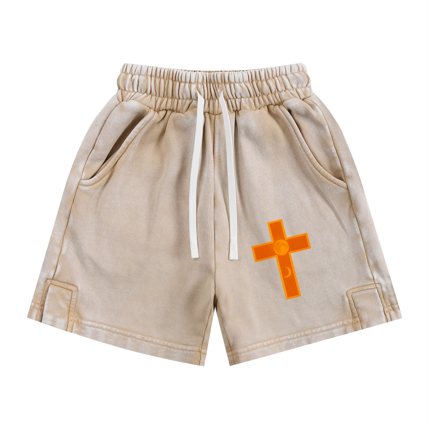 Cross Moon Phase Faith-Based Kids’ Shorts – Colorful Snow Washed Cotton Shorts for Boys & Girls | Christian Streetwear | Unisex Summer Activewear with Cross Patch Design Cross Moon Phase Faith Based Colorful Snow Washed Kids' Shorts