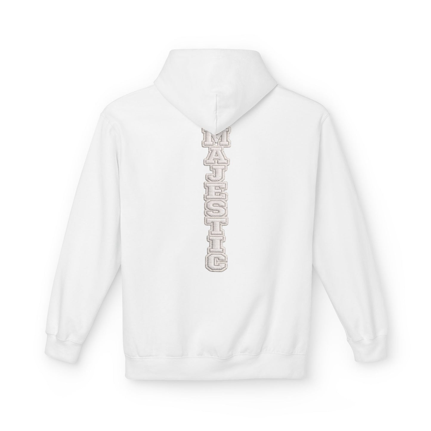 Majestic Vertical Text Hoodie — Minimal White Graphic Pullover Christian Hoodie Godly Hoodie Sports Hoodie Mighty Lifestyle Hoodie