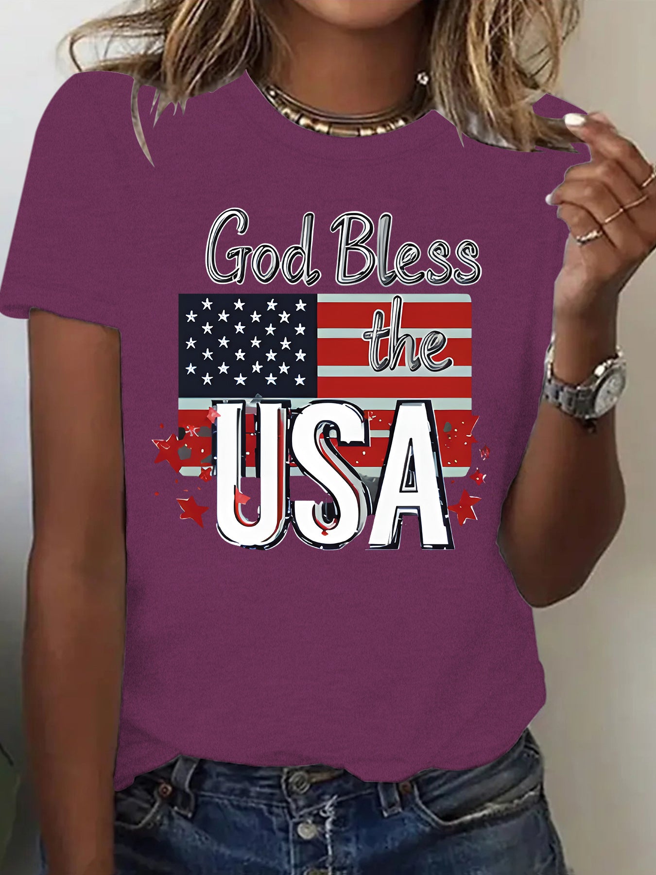 Short sleeved women's t-shirt with USA flag