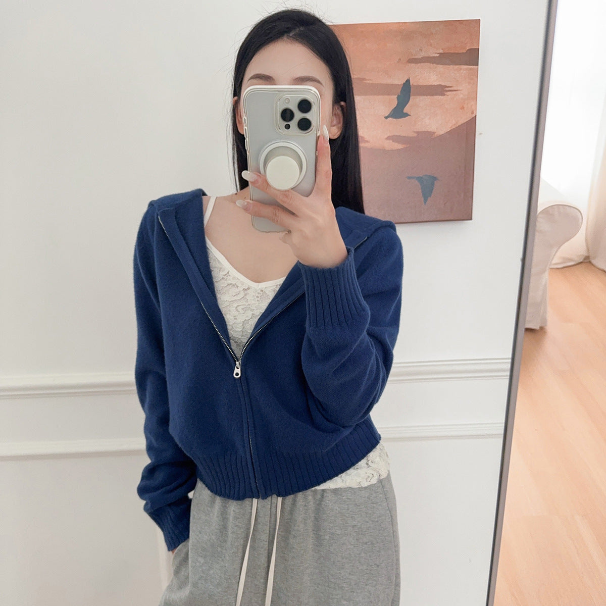 Knitted Zip-Up Hoodie Short Jacket Women's Comfy Streetwear-Style Casual Long Pants Belted Set