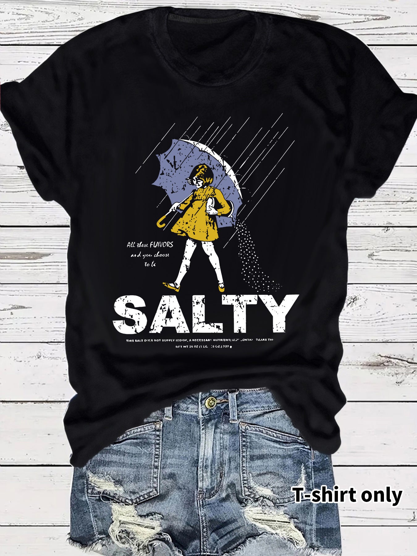 Salty Tshirt short sleeved salty emoji for girls holding umbrellas