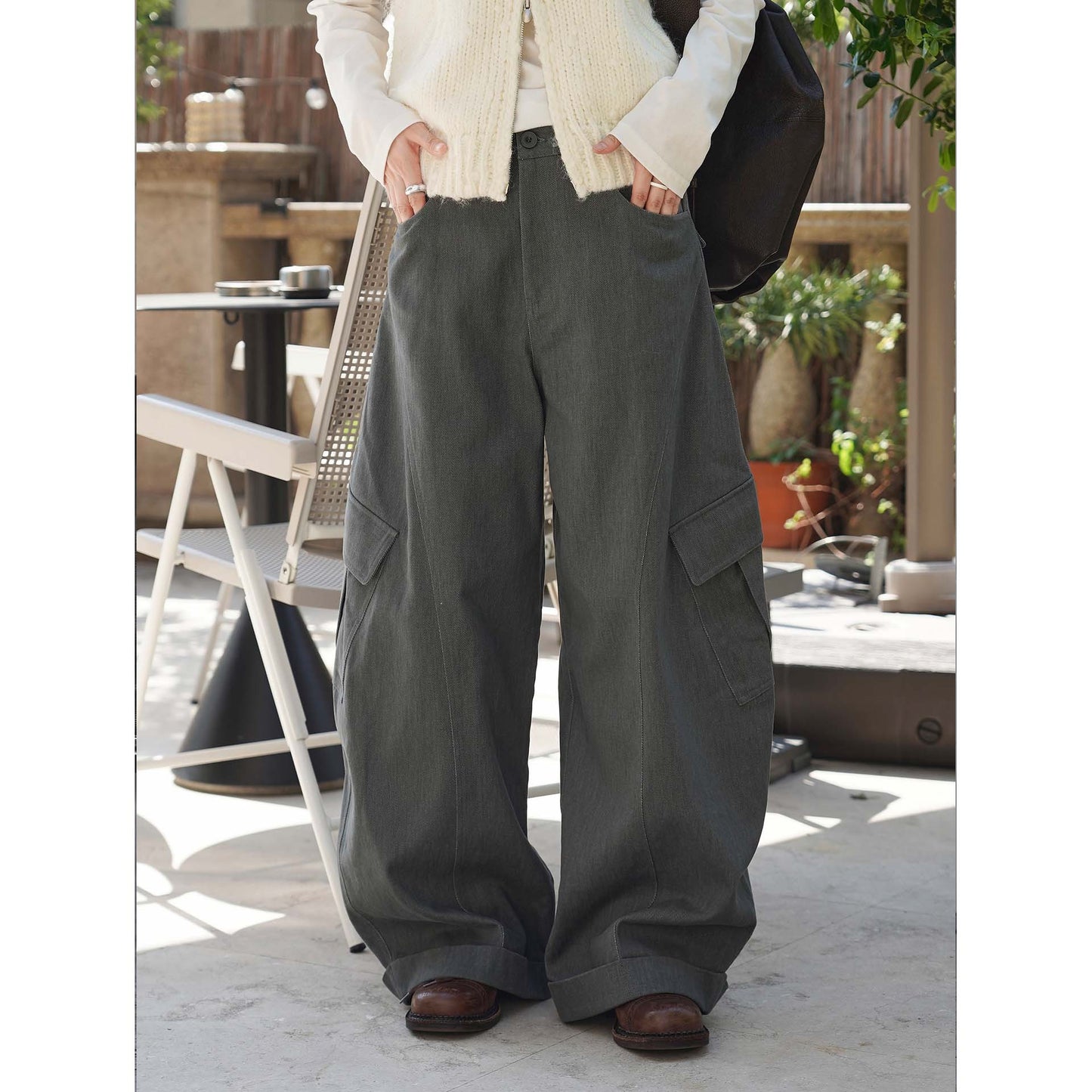 Fashion Workwear-Style Side Pocket Fleece Knife-Edge Casual Pants Relaxed Fit Long Pants for Women