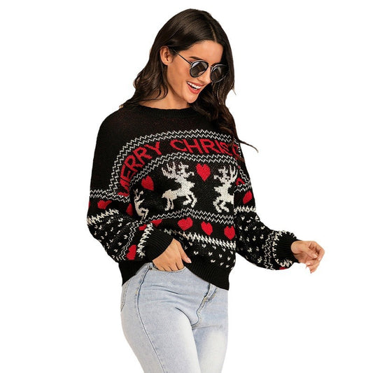 Ugly Christmas Sweater for Women – Funny Holiday Reindeer Knit Pullover | Merry Christmas Party Sweater | Black Winter Festive Ugly Sweater Christmas Party Sweater Classic Christmas sweater autumn and winter deer jacquard pullover knitted sweater