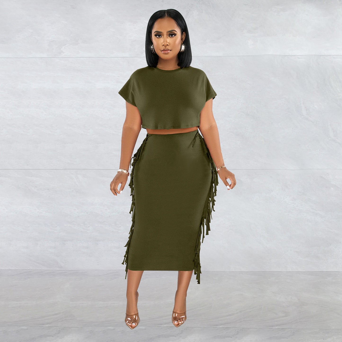Wilhima Women’s Skirt Set FashionableStyle Solid Color Fringe Round Neck Short Sleeve Long Dress Two-Piece Set