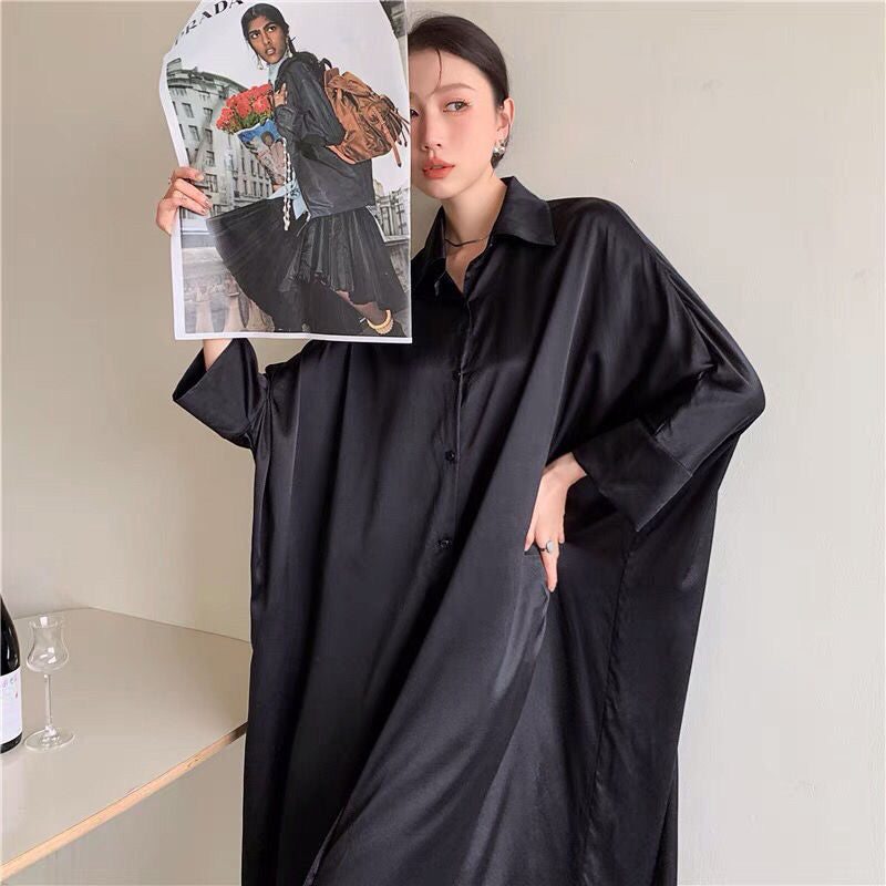 Spring New Black French High-End Niche Mid-Length Skirt Silk Shirt Loose Dress Women