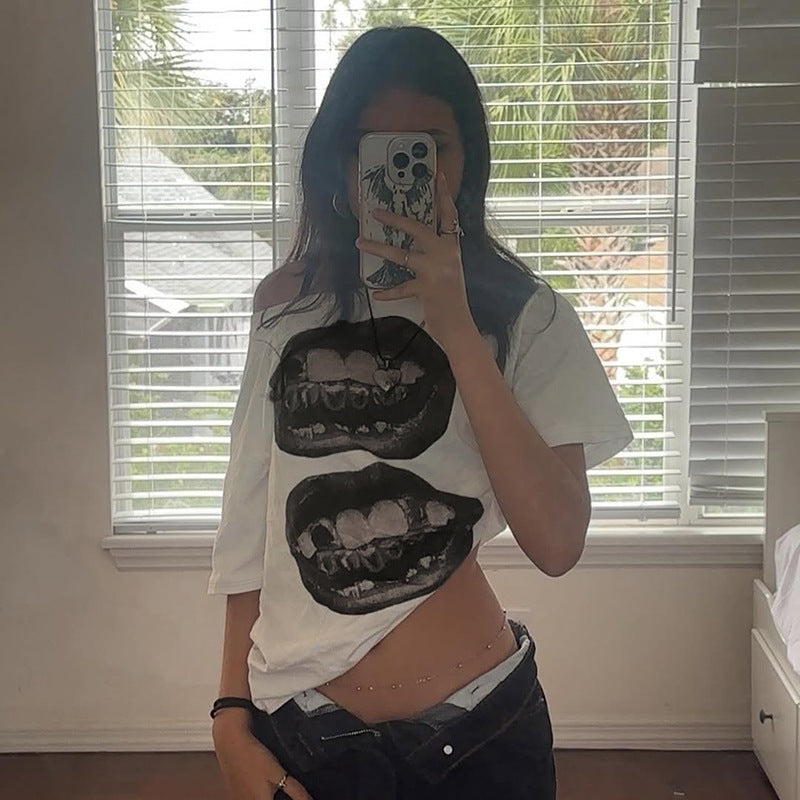 Hip-Hop Style Mouth Print Oblique Collar Short Sleeve Spicy Girl Street Sexy Shoulder-Exposing Casual Versatile Loose Women's T-Shirt