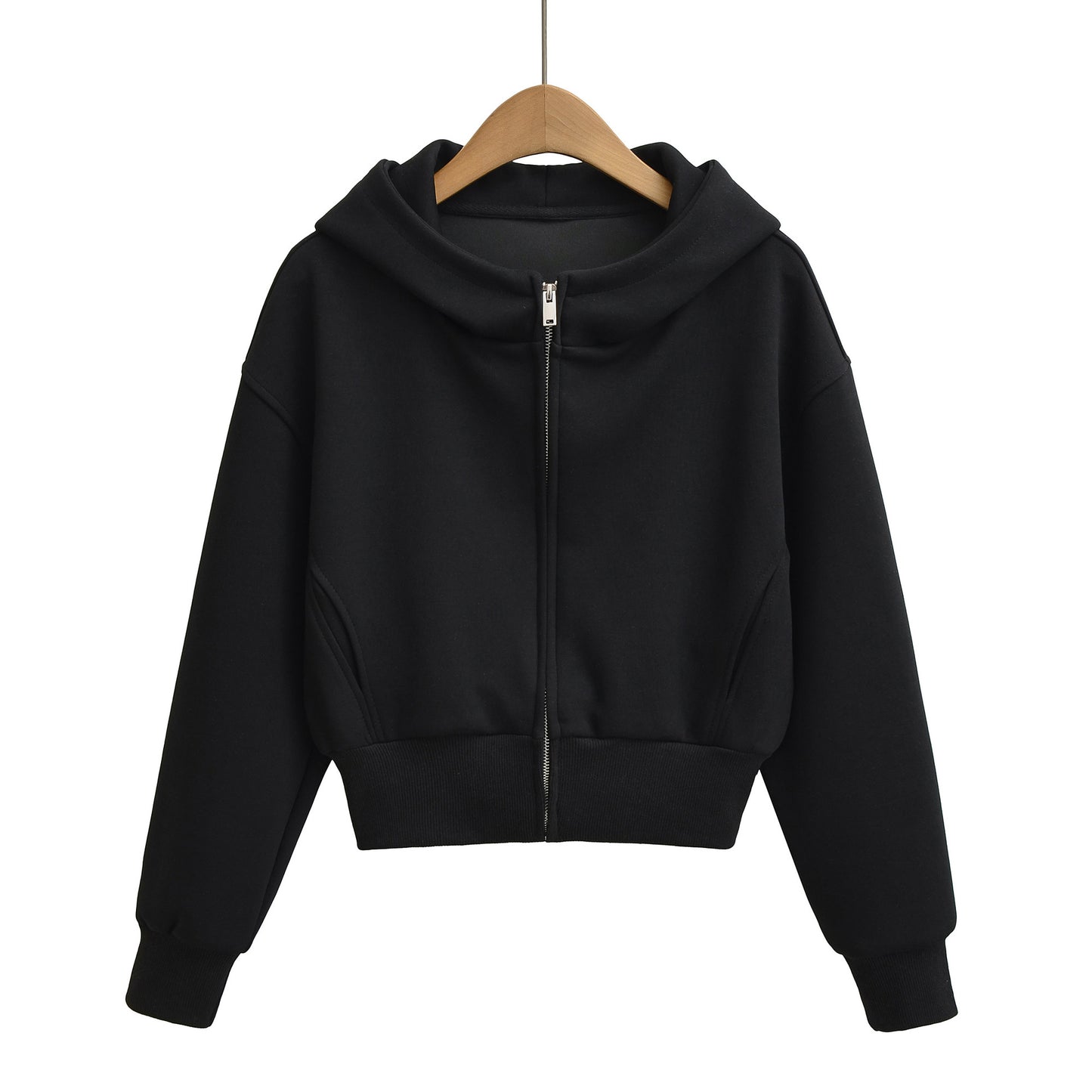Luxury Minimalist Hooded Zipper Short Hoodie Jacket – Chic Commute Patchwork Long Sleeve Pullover for Women | Solid Color Casual Streetwear
