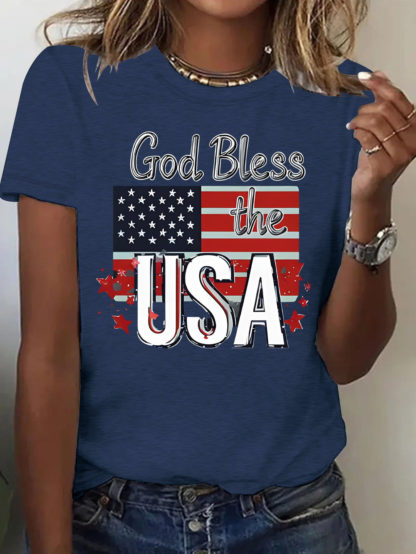 Short sleeved women's t-shirt with USA flag