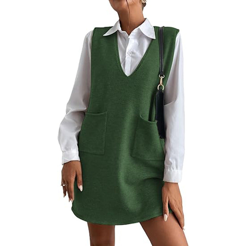 Knitted Medium Long Double Sided Vest Skirt Autumn/Winter  Solid Color Sleeveless Versatile Dress