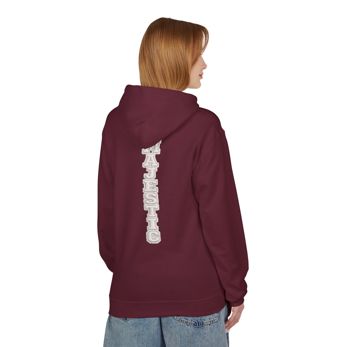 Majestic Vertical Text Hoodie — Minimal White Graphic Pullover Christian Hoodie Godly Hoodie Sports Hoodie Mighty Lifestyle Hoodie