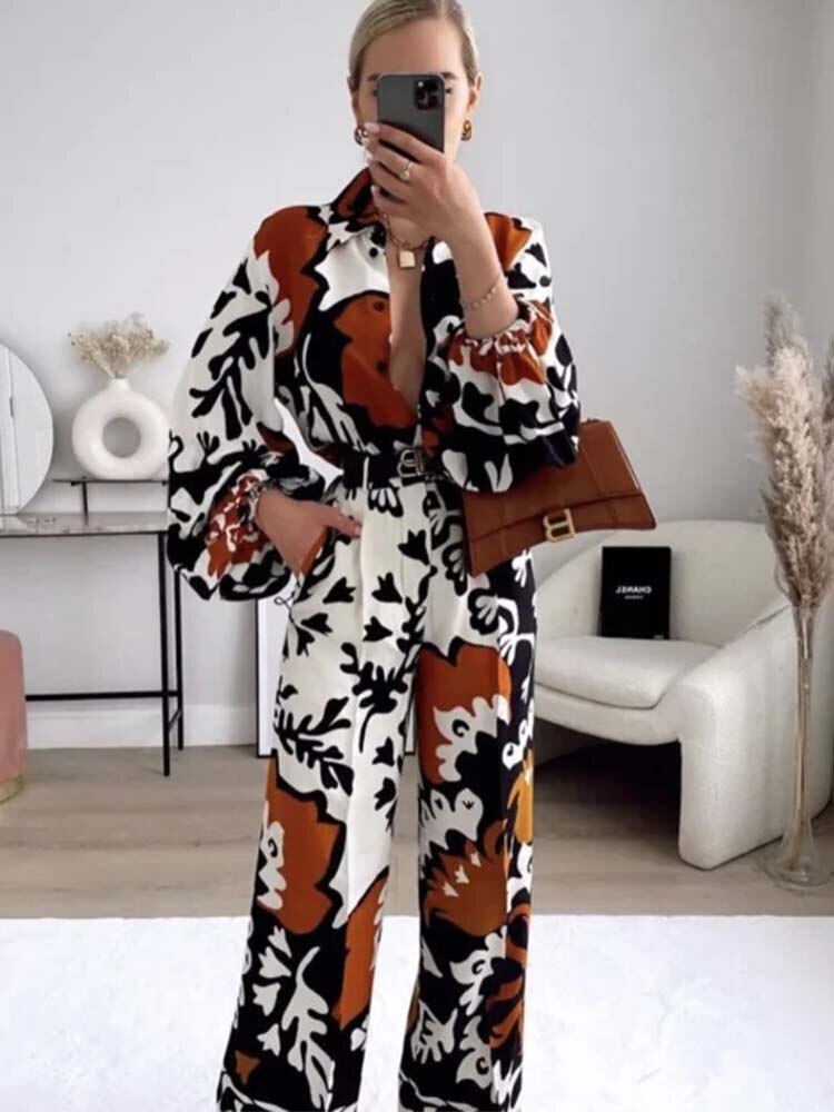 Mighty Lifestyle Exotic Print Pant Set | Women’s Two-Piece Chiffon Fashion Set | Printed Shirt & Long Sleeve Cardigan