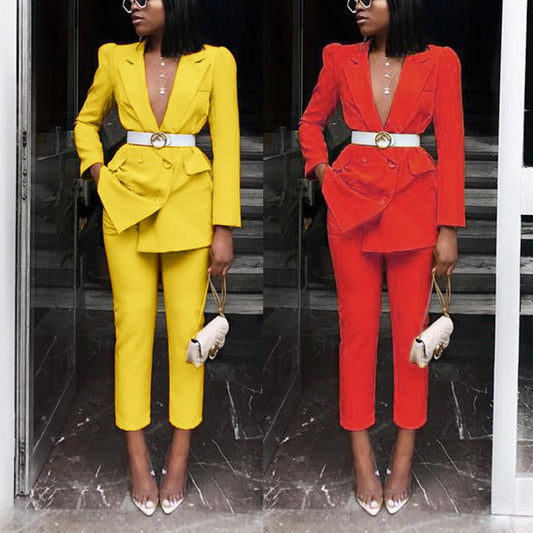 Pastel Women’s Business Suits Beauty Long Sleeved Suit Solid Color Two Piece Suit With Belt